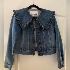 Ganni Denim Jacket with Ruffle Collar